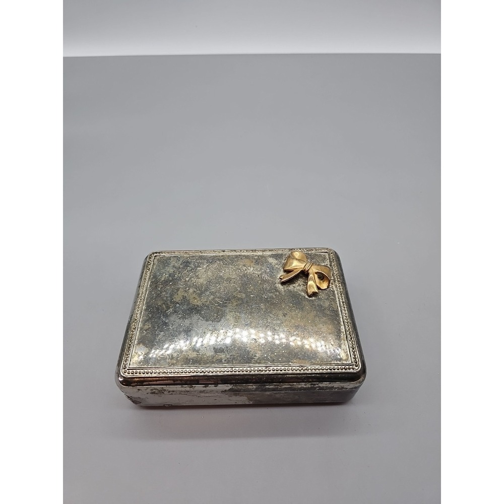 Vintage Embellished Bow Lidded box Silver tone Metal‎ Trinket Jewelry Ring Box